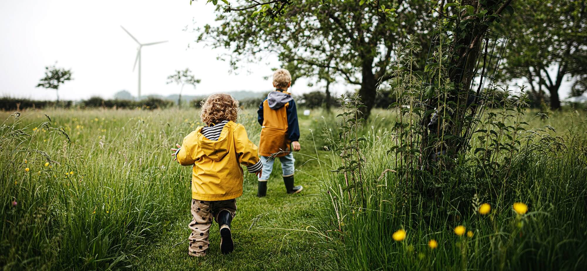 Barn som går i ett fält med vindkraftverk i bakgrunden